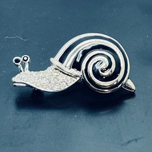 Vintage Silver Tone, Black Enamel And Rhinestone Snail Brooch